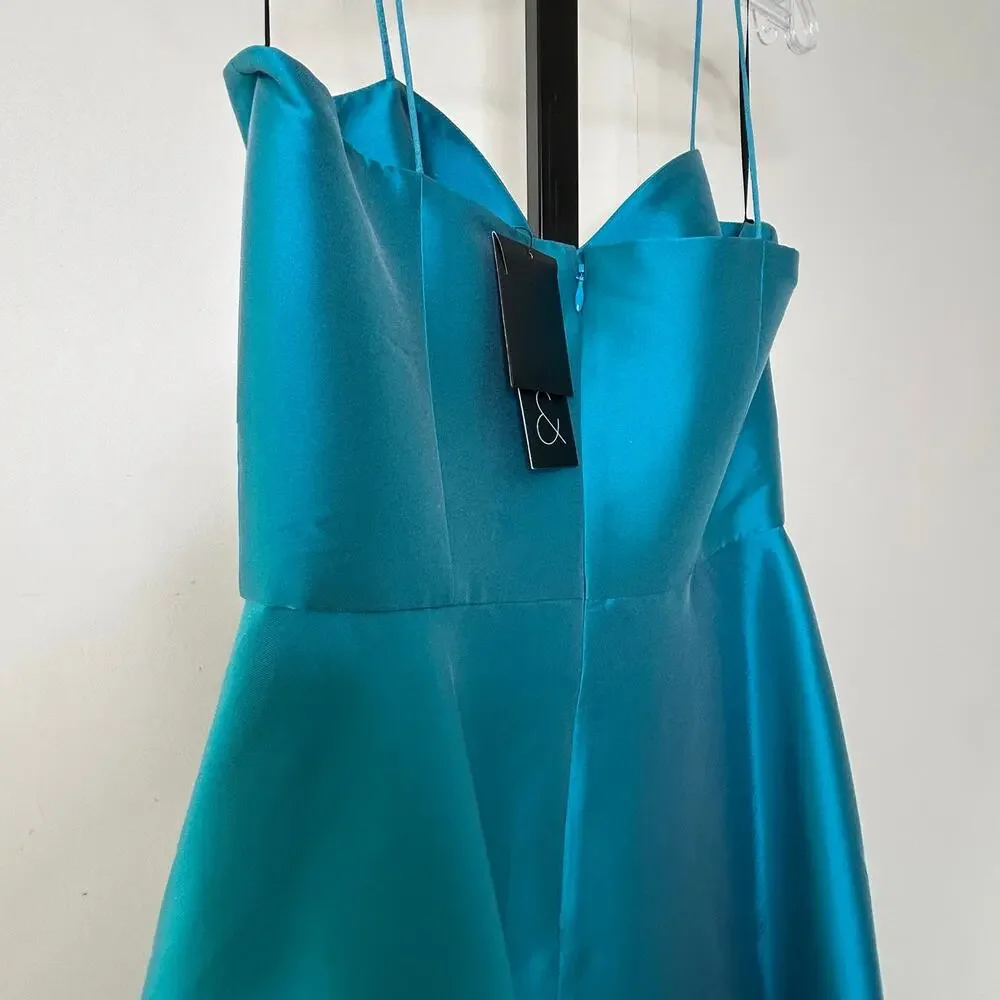 Sachin & Babi Tea length Gown-size‎ 4 teal, metallic sequin lips detail formal